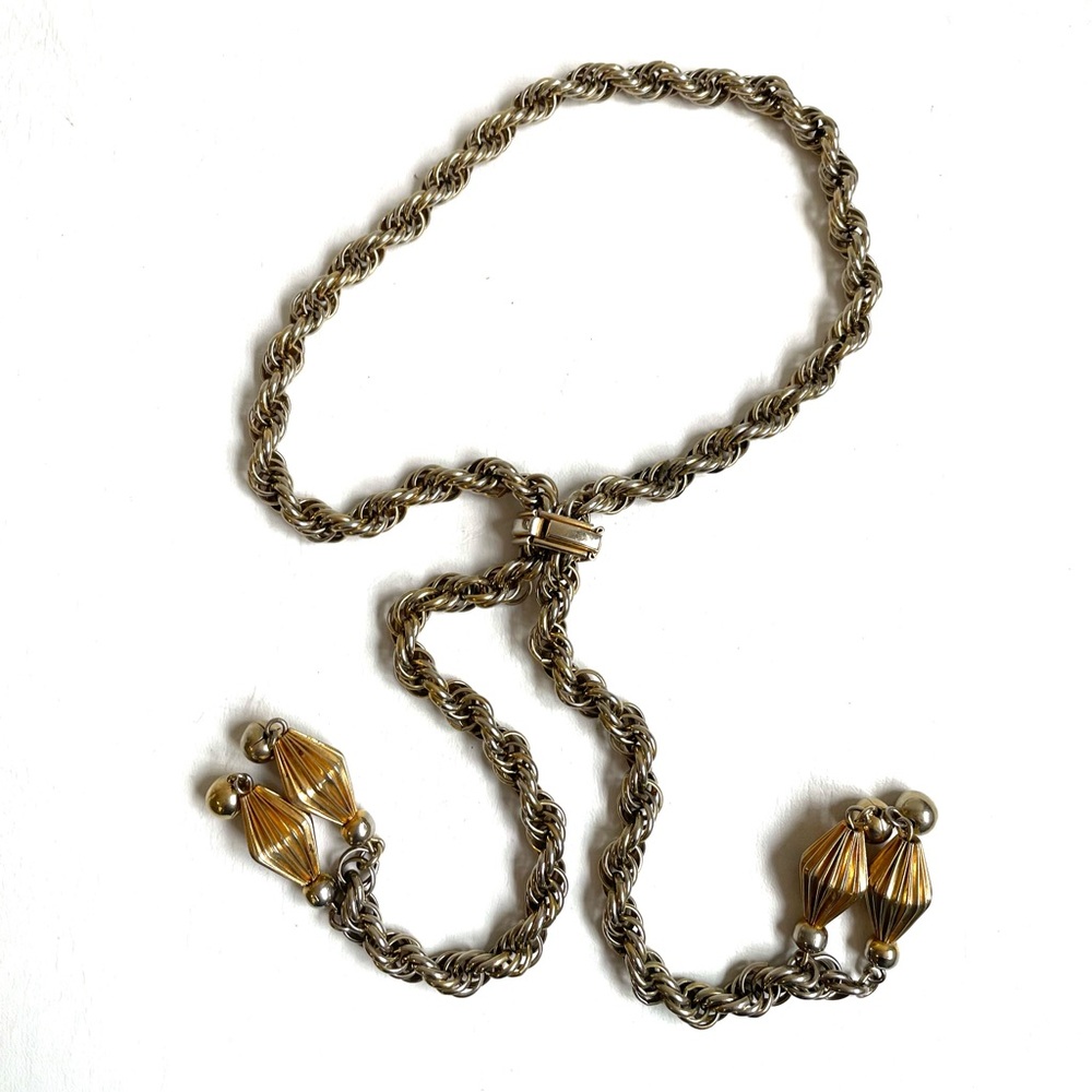 VINTAGE SILVER GOLD CHAIN LINK BOLO METAL TASSELS ADJUSTABLE NECKLACE